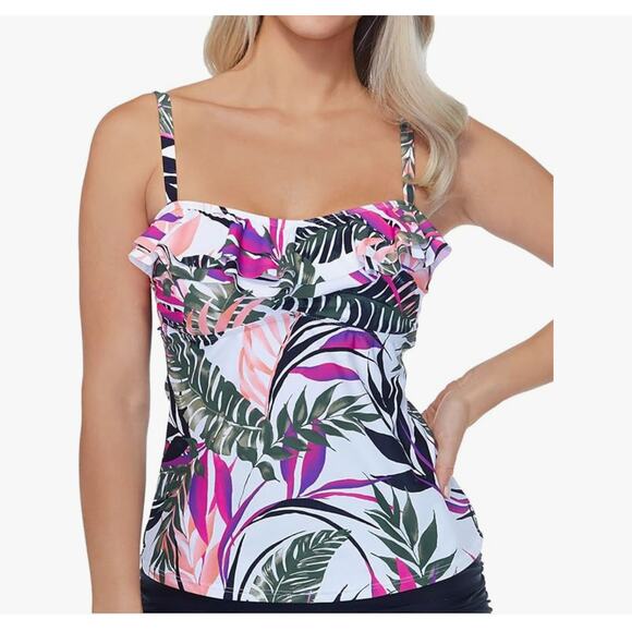 Island Escape Women's White Tropical Print Convertible Tankini Swimsuit Top 12 - Picture 1 of 5